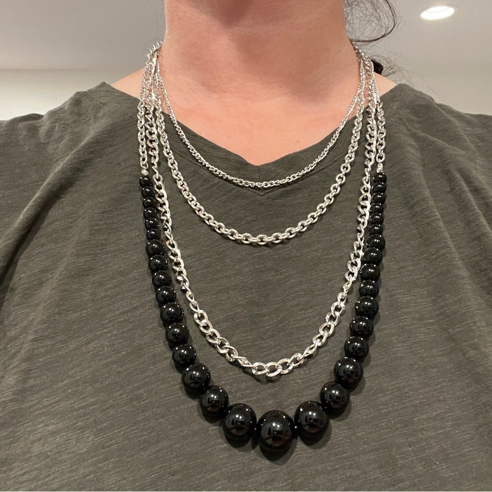 Layered Strand Necklace Silver Chain and Black Beads - Picture 2 of 5